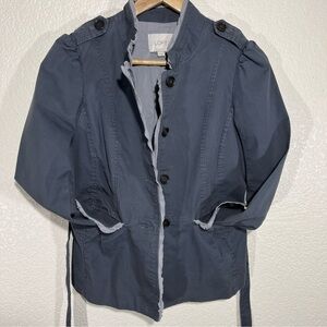 Jacket LOFT Women 2 Navy Blue Button Up Tie Waist Pleated Back Raw Edge Trim